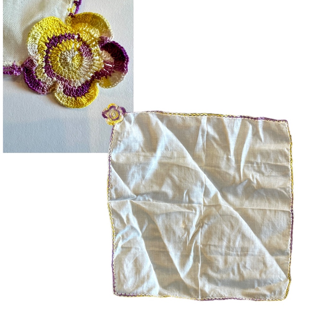 Vintage Handkerchief with Crochet Edge & Flower Accent